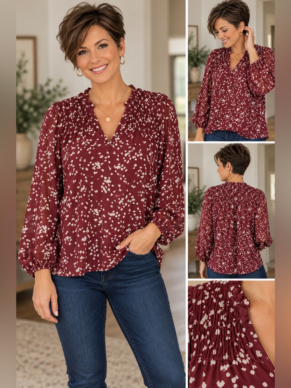 Dokotoo XL Burgundy/White Abstract Chiffon Polyester V-Neck Smocked Blouse B1